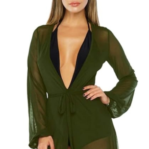 Army Green Sheer Floor Length Robe Long Moss Olive Maxi Dress Layer Deep V New - Picture 7 of 10